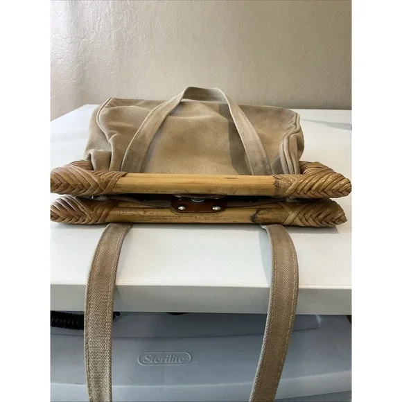 Vintage Rattan Handle Tan Canvas Satchel Purse Attached Coin Purse Boho Retro‎ - Picture 8 of 13
